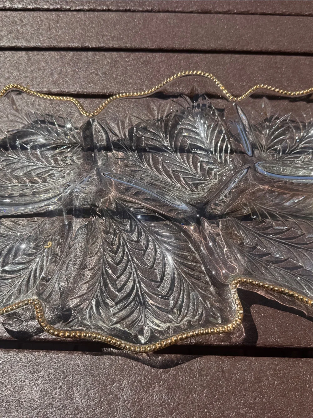 Clear Glass Leaf Serving Tray with Gold Beaded Rim